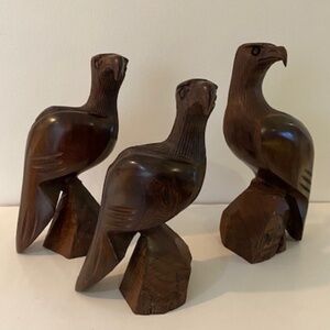 Vintage Hand-Carved Wooden Eagle Family – Set of 3